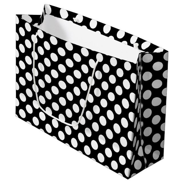 White on Black Large Size Polka Dots Large Gift Bag (Front Angled)