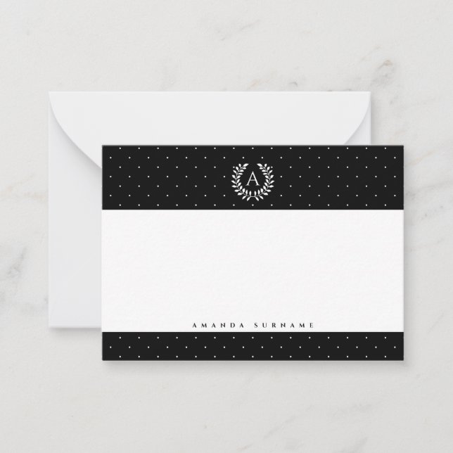 White On Black Laurel Monogram Polka Dot Pattern Card (Front)