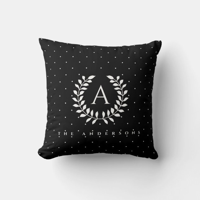 White On Black Laurel Monogram Polka Dot Pattern Cushion (Front)