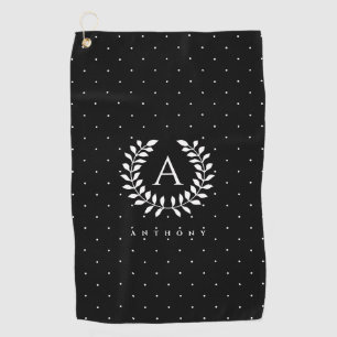 White On Black Laurel Monogram Polka Dot Pattern Golf Towel
