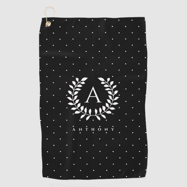 White On Black Laurel Monogram Polka Dot Pattern Golf Towel (Front)