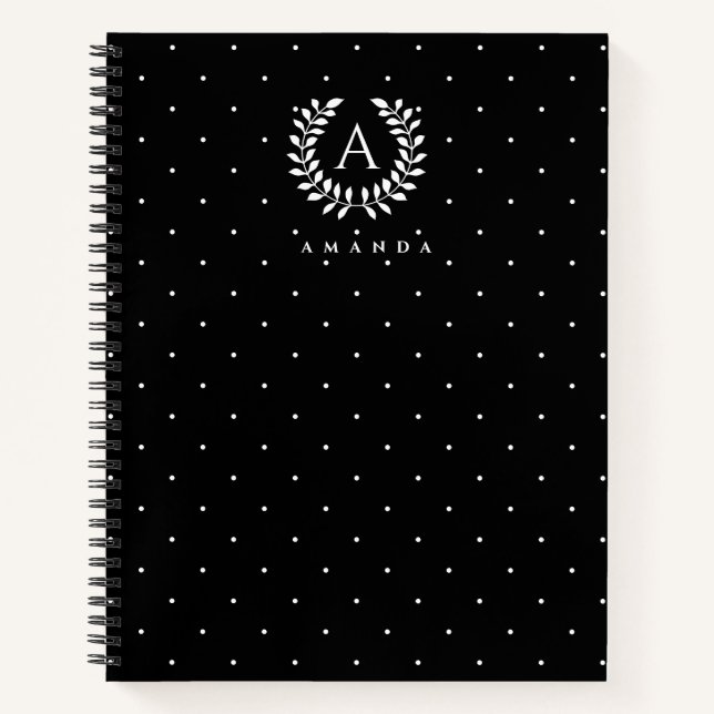 White On Black Laurel Monogram Polka Dot Pattern Notebook (Front)