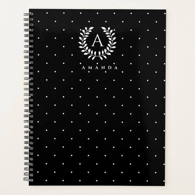 White On Black Laurel Monogram Polka Dot Pattern Planner (Front)