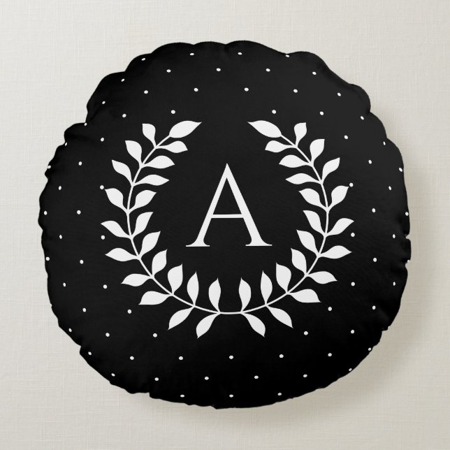 White On Black Laurel Monogram Polka Dot Pattern Round Cushion (Front)