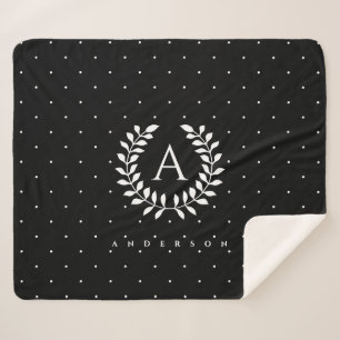 White On Black Laurel Monogram Polka Dot Pattern Sherpa Blanket