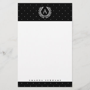 White On Black Laurel Monogram Polka Dot Pattern Stationery
