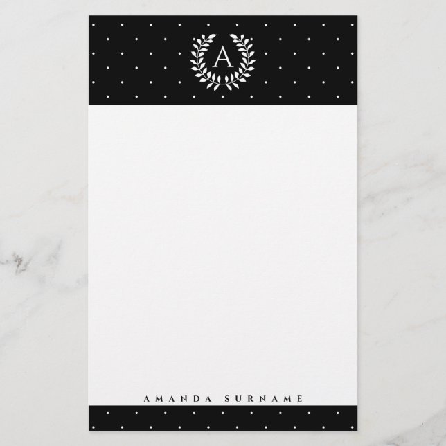 White On Black Laurel Monogram Polka Dot Pattern Stationery (Front)