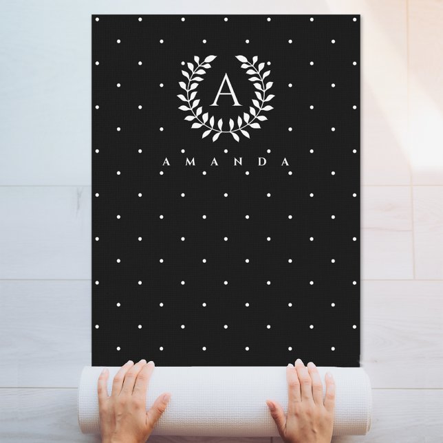 White On Black Laurel Monogram Polka Dot Pattern Yoga Mat (Creator Uploaded)