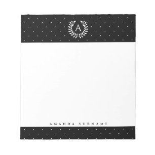 White On Black Laurel Monogram Tiny Polka Dots Notepad