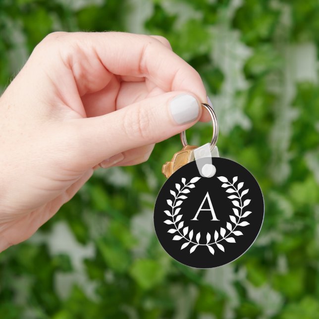 White On Black Laurel Wreath With Custom Monogram Key Ring (Hand)