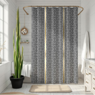 White On Black Modern Geometric Maze Pattern Shower Curtain