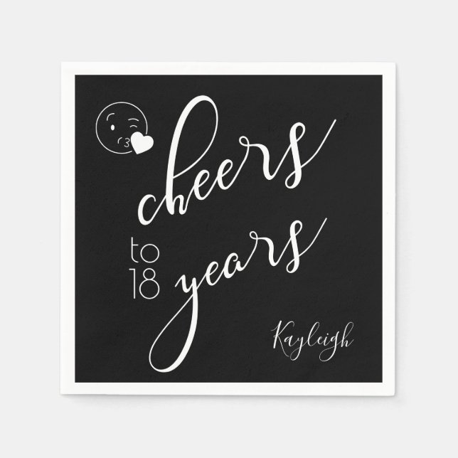 White on Black Modern Text Cheers to 18 Years Napkin (Front)