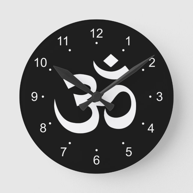 White on Black Om Symbol Round Clock (Front)