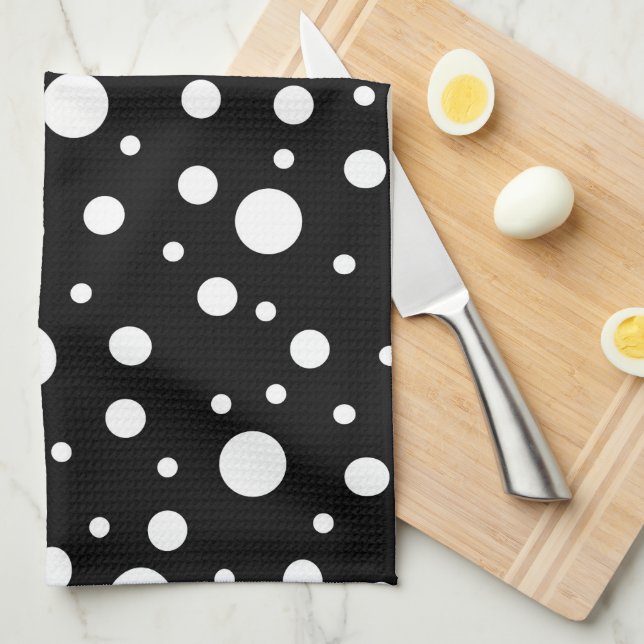 White on Black Polka Dot Pattern Tea Towel (Quarter Fold)
