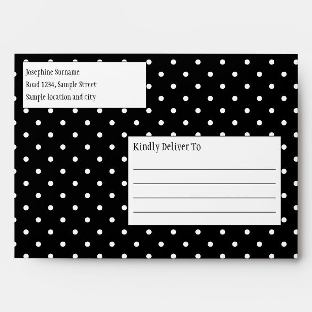 White On Black Polka Dots Pattern Custom Text Envelope (Front)