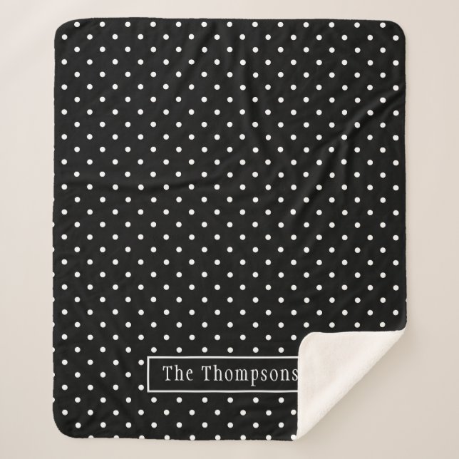 White On Black Polka Dots Pattern With Custom Name Sherpa Blanket (Front)