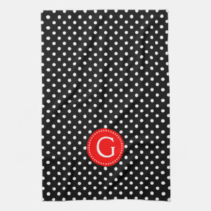 White On Black Polka Dots Red Accent Tea Towel