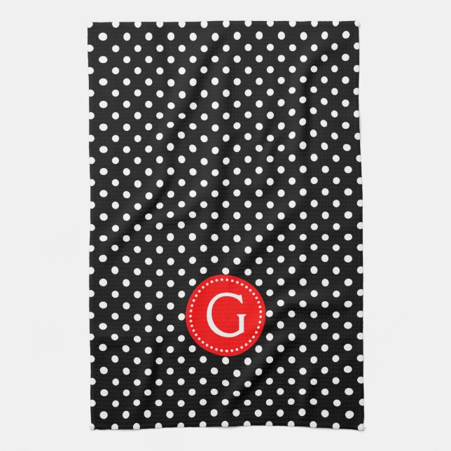 White On Black Polka Dots Red Accent Tea Towel (Vertical)