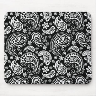 White On Black Retro Ornate Paisley Pattern Design Mouse Pad