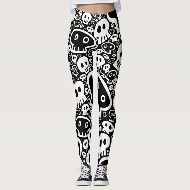 White-on-Black Skull Pattern Leggings (Front)