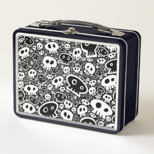 White-on-Black Skull Pattern Metal Lunch Box