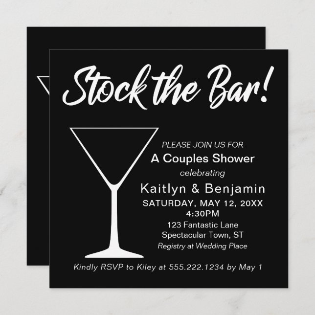 White on Black Stock the Bar Script Couples Shower Invitation (Front/Back)