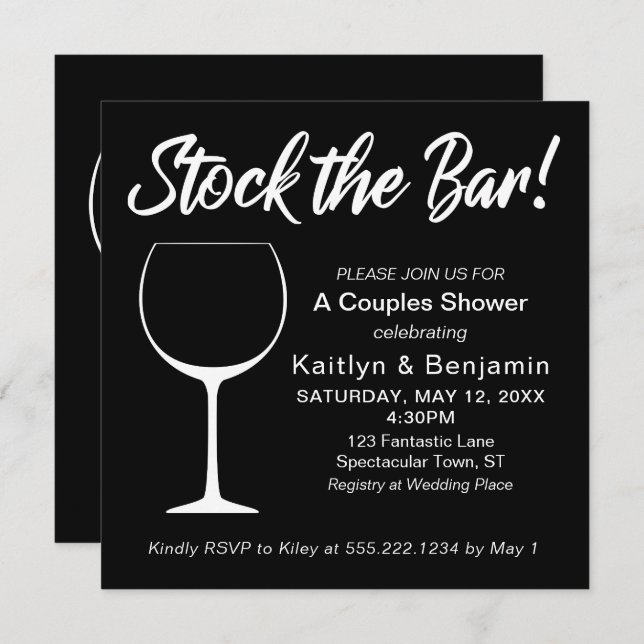 White on Black Stock the Bar Script Couples Shower Invitation (Front/Back)