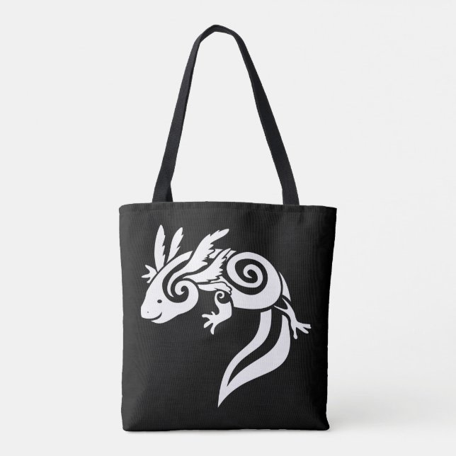 White on Black Tribal Axolotl Mexican Salamander Tote Bag (Back)