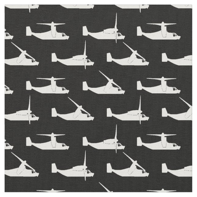 White on Black V-22 Osprey Side View Pattern Fabric (Close Up)