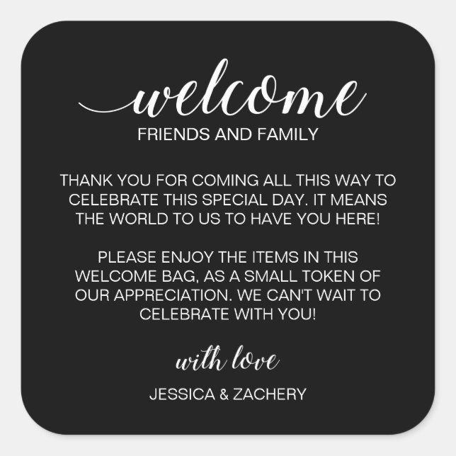 White on Black Wedding Welcome Gift Bag Basket Square Sticker (Front)