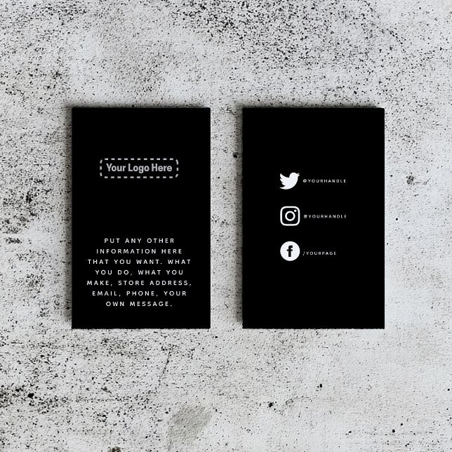 White on black your logo social links enclosure card (Sleek black business card template with space for a logo and social media icons)