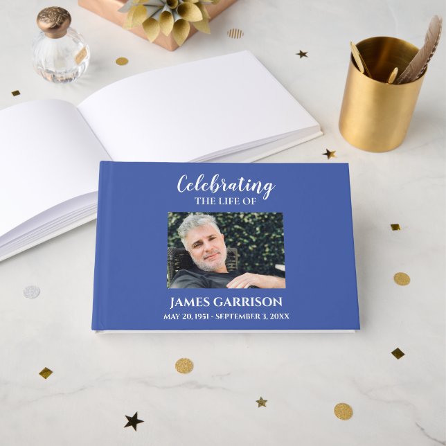 White on Blue Celebration of Life With Photo Guest Guest Book (Front Open)