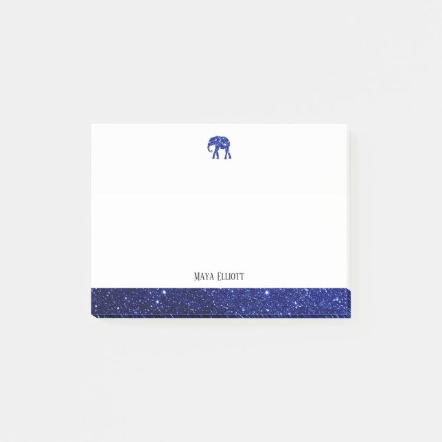 White on Blue Faux Glitter Elephant & Border, Name Post-it Notes (Front)