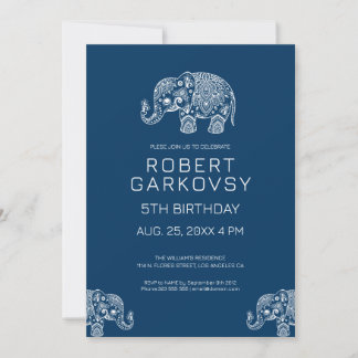 White on Blue Floral Elephant Invitation