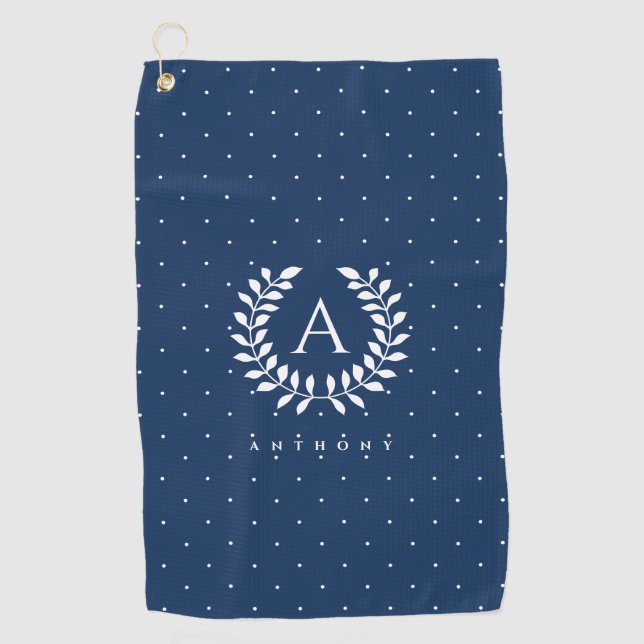 White On Blue Laurel Monogram Polka Dot Pattern Golf Towel (Front)