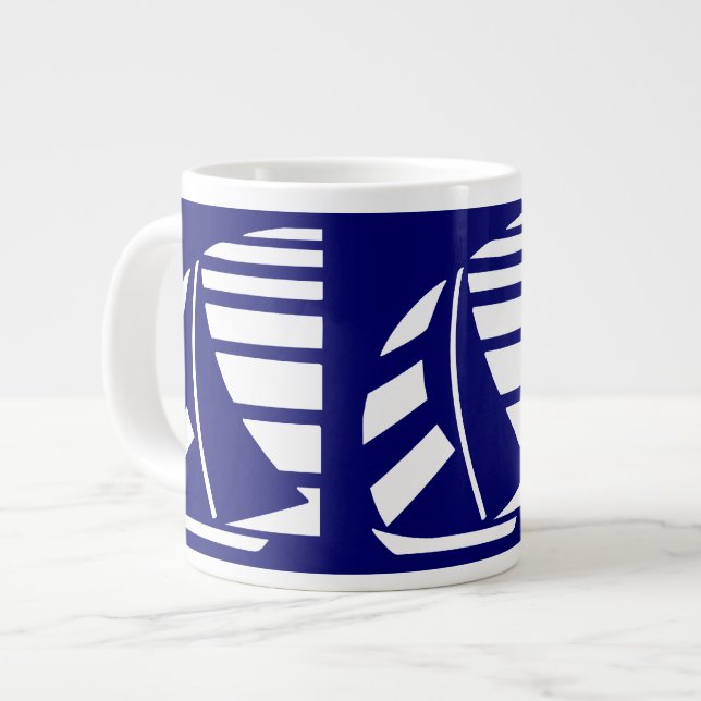 White on Blue Racing Boats Jumbo Coffee Mug (Front Left)