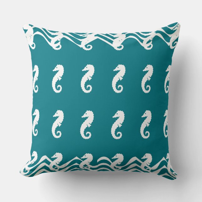 white on blue SEA HORSE   coastal living Cushion (Front)