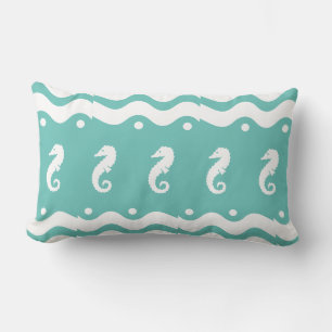 white on blue SEA HORSE   coastal living Lumbar Cushion