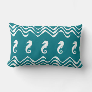 white on blue SEA HORSE coastal living Lumbar Cushion