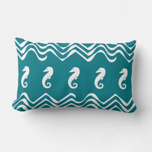 white on blue SEA HORSE   coastal living Lumbar Cushion (Front)