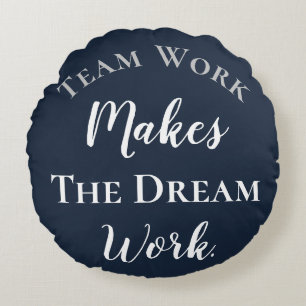 White on Blue Teamwork Makes The Dream Work Round Cushion