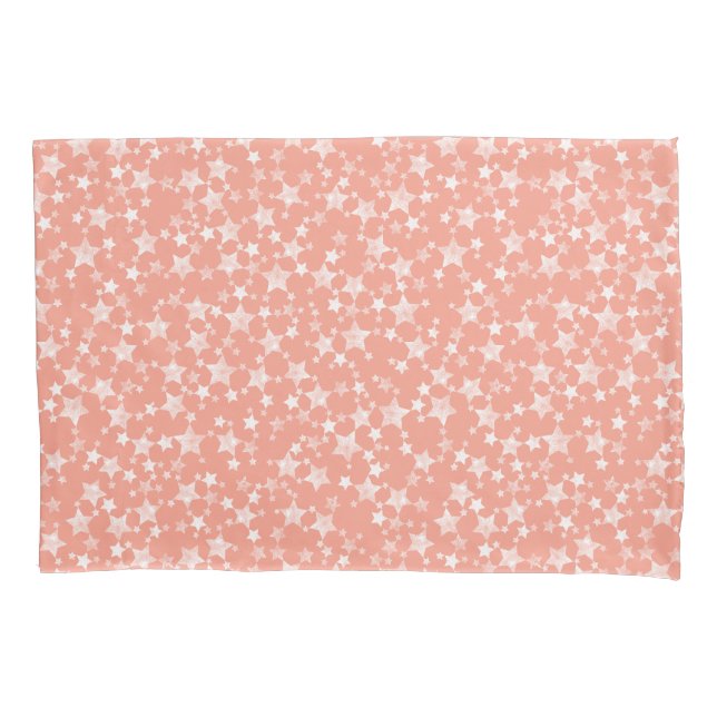 White on Coral | Lino Print Stars Pattern Pillowcase (Front-Left)