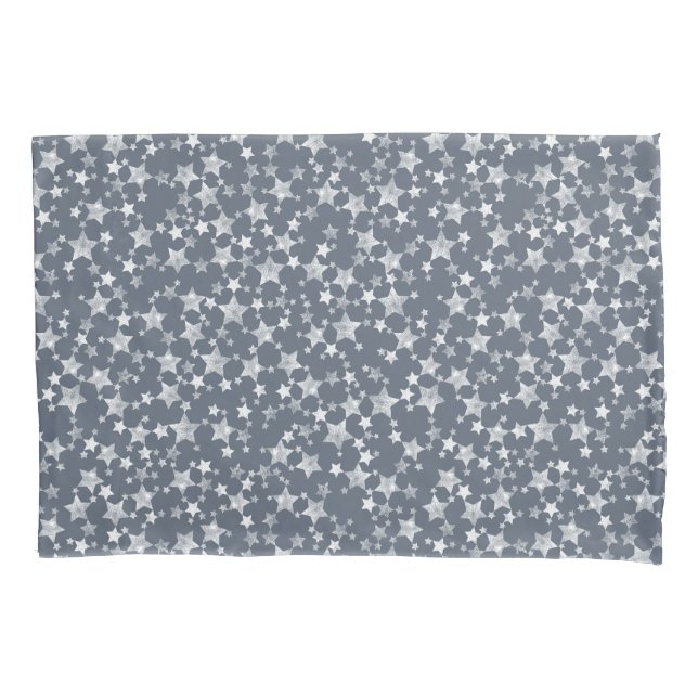 White on Dark Blue-Grey | Lino Print Stars Pattern Pillowcase (Front-Left)