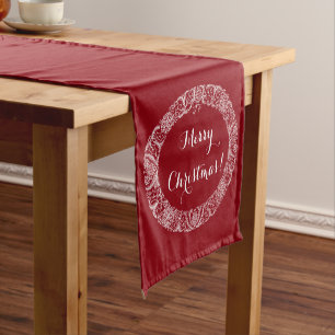 White on Deep Red Christmas Wreath to Customise Short Table Runner