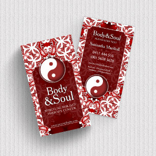 White on Deep Red New Age Yin Yang Geometry Business Card
