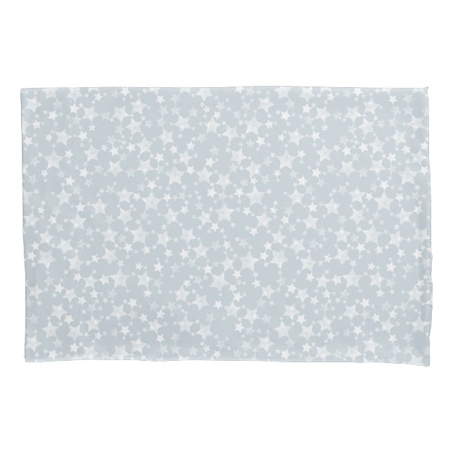 White on Dusty Blue | Lino Print Stars Pattern Pillowcase (Front-Left)