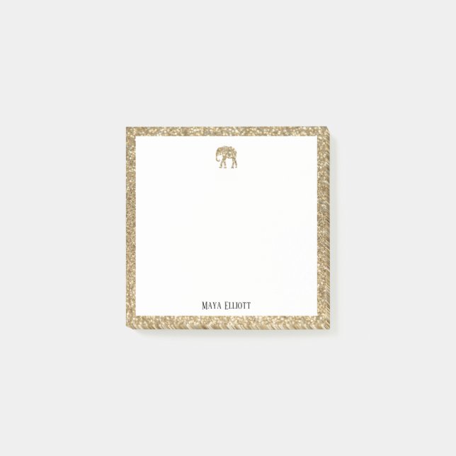 White on Gold Faux Glitter Elephant & Border Post-it Notes (Front)