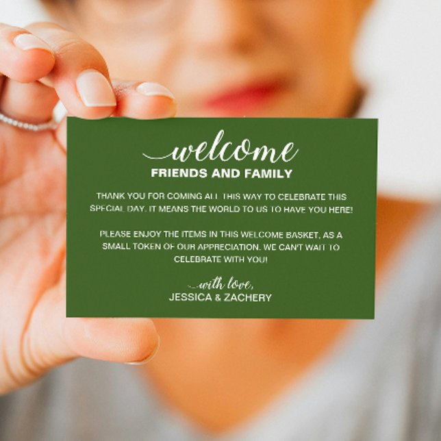 White On Green Wedding Welcome Gift Bag Basket Place Card (Creator Uploaded)