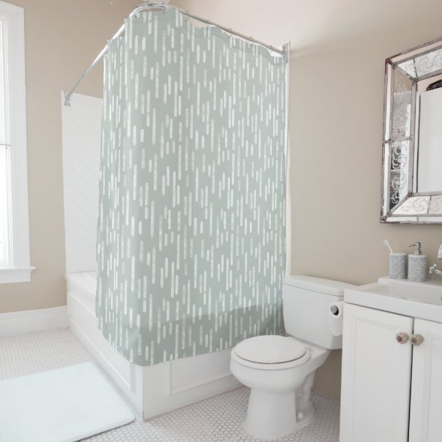White on Grey Green Inky Rounded Lines Pattern Shower Curtain (In Situ)