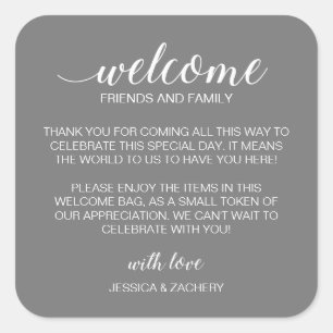 White on Grey Wedding Welcome Gift Bag Basket Square Sticker